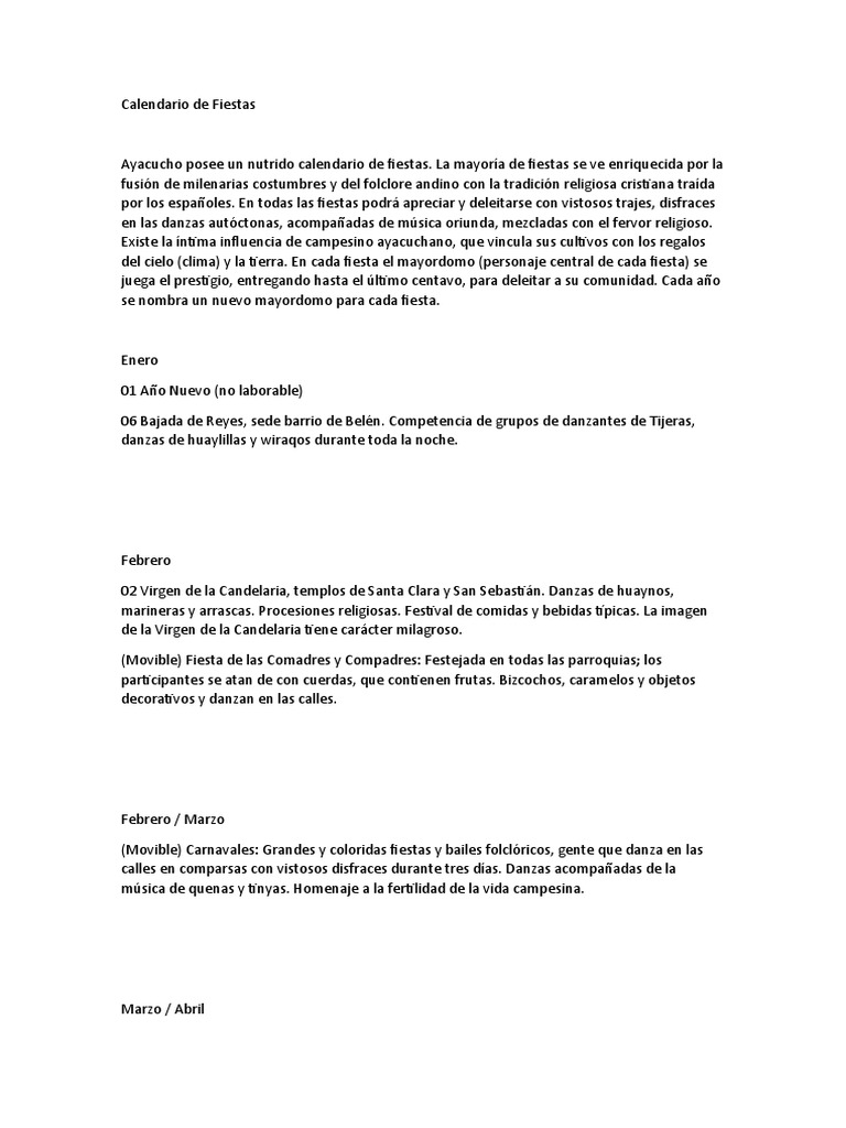 Calendario de Fiestas en Ayacucho | PDF | Carnaval | Fiestas cristianas ...