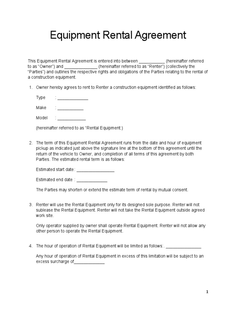 Construction Equipment Rental Agreement | PDF | Renting | Lease