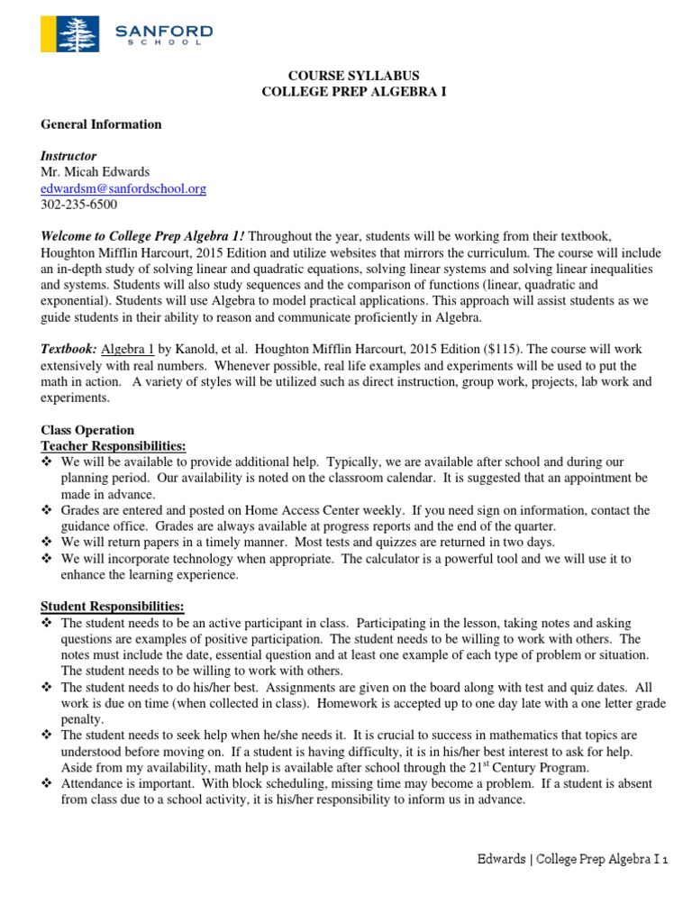 College Prep Algebra I Course Syllabus | PDF | Quiz | Textbook
