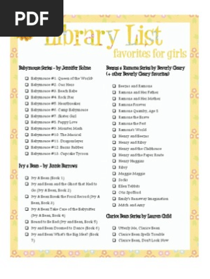 Library List - Chapter Books for Girls Printable