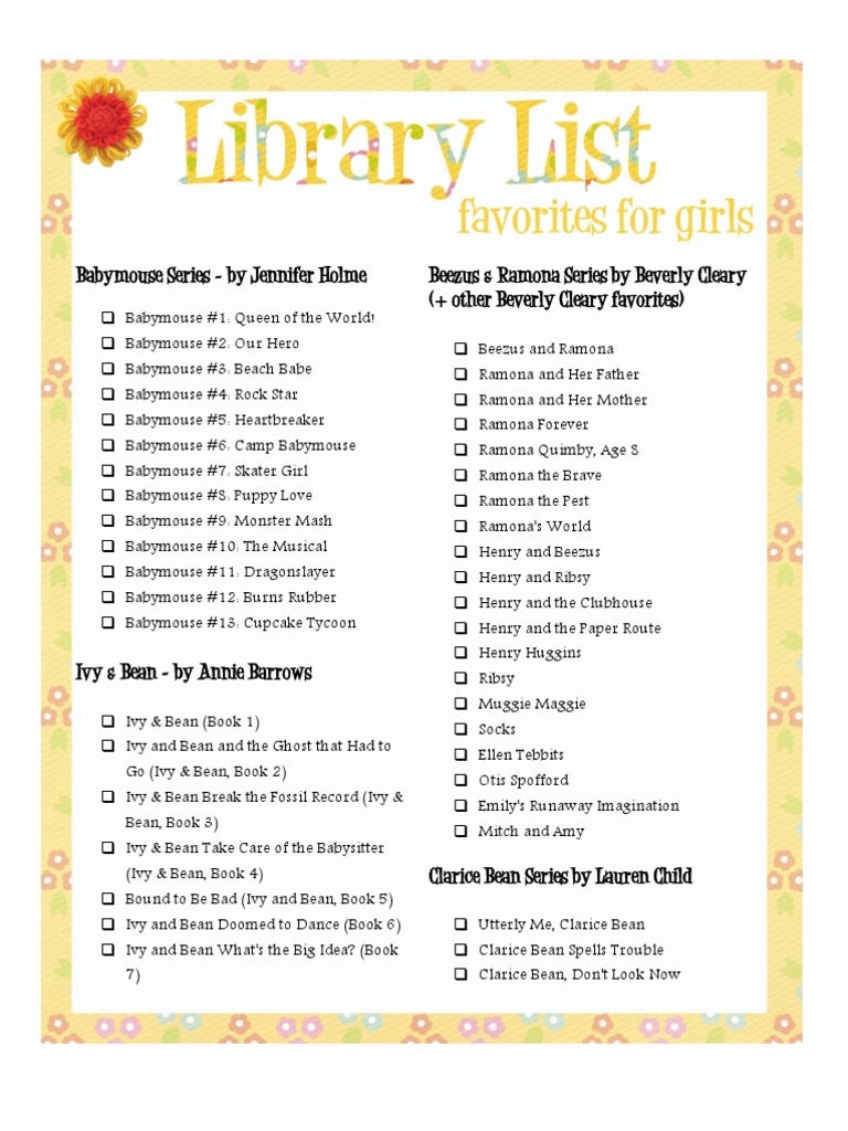 Library List - Chapter Books For Girls Printable | Download Free PDF ...