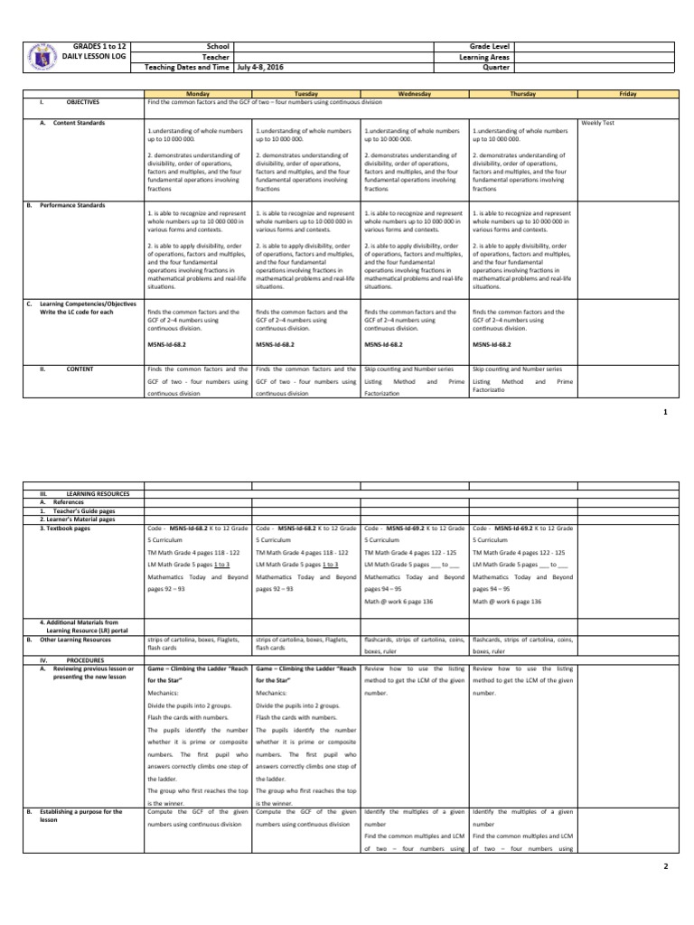 Grade 5 Math Daily Lesson Log | PDF | Pedagogy | Learning
