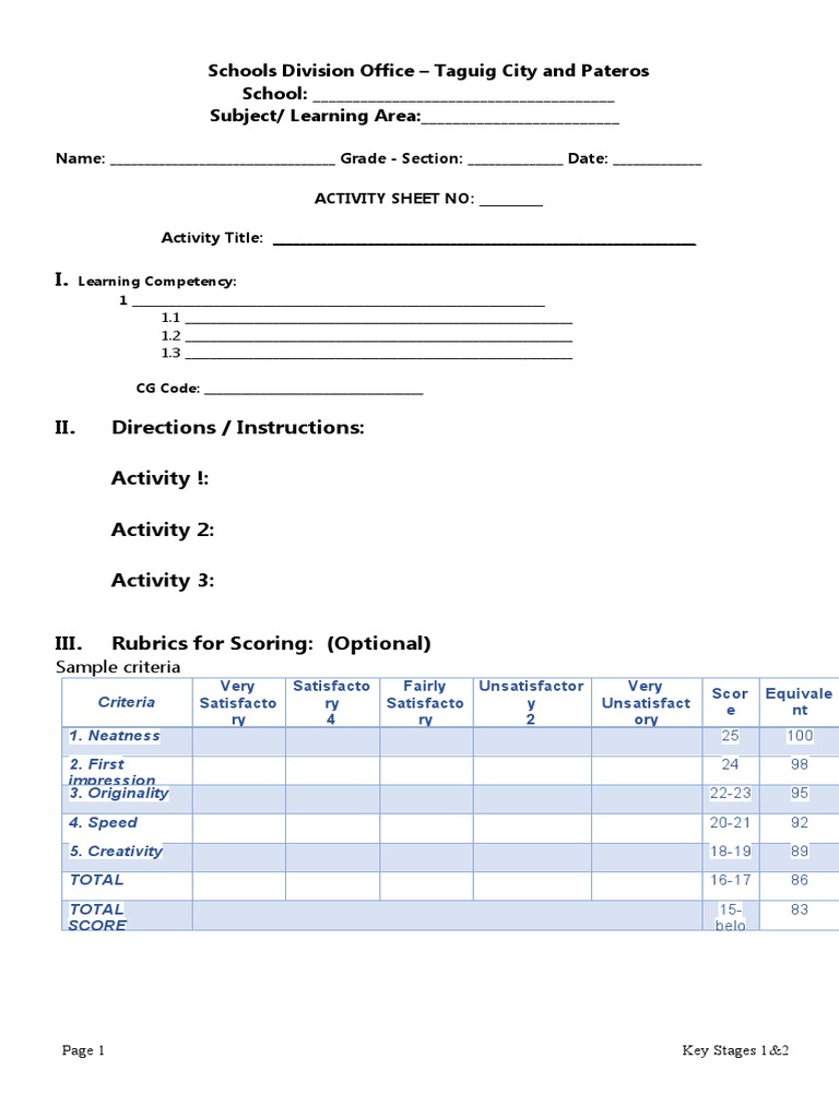 Taguig City School Activity Sheet Template | PDF | Education Theory ...