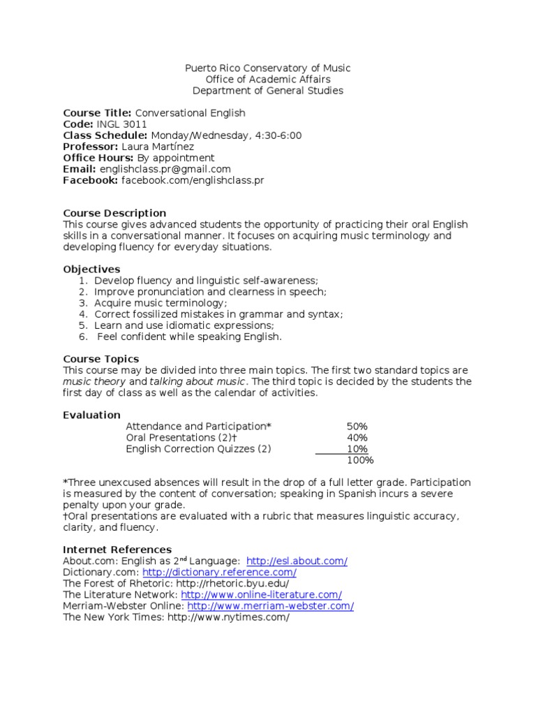 Syllabus - Conversational English | PDF | Fluency | English Language