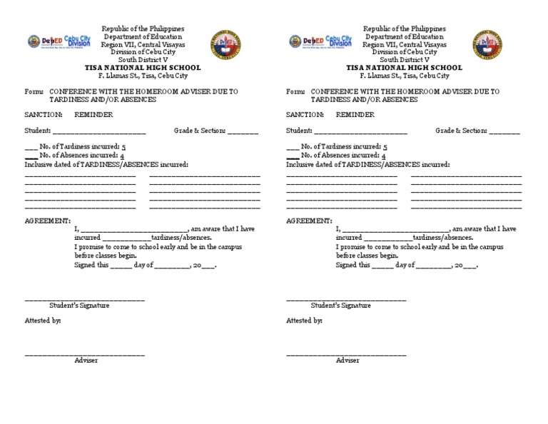 Tisa National High School Tardiness Form | PDF | Learning | Schools