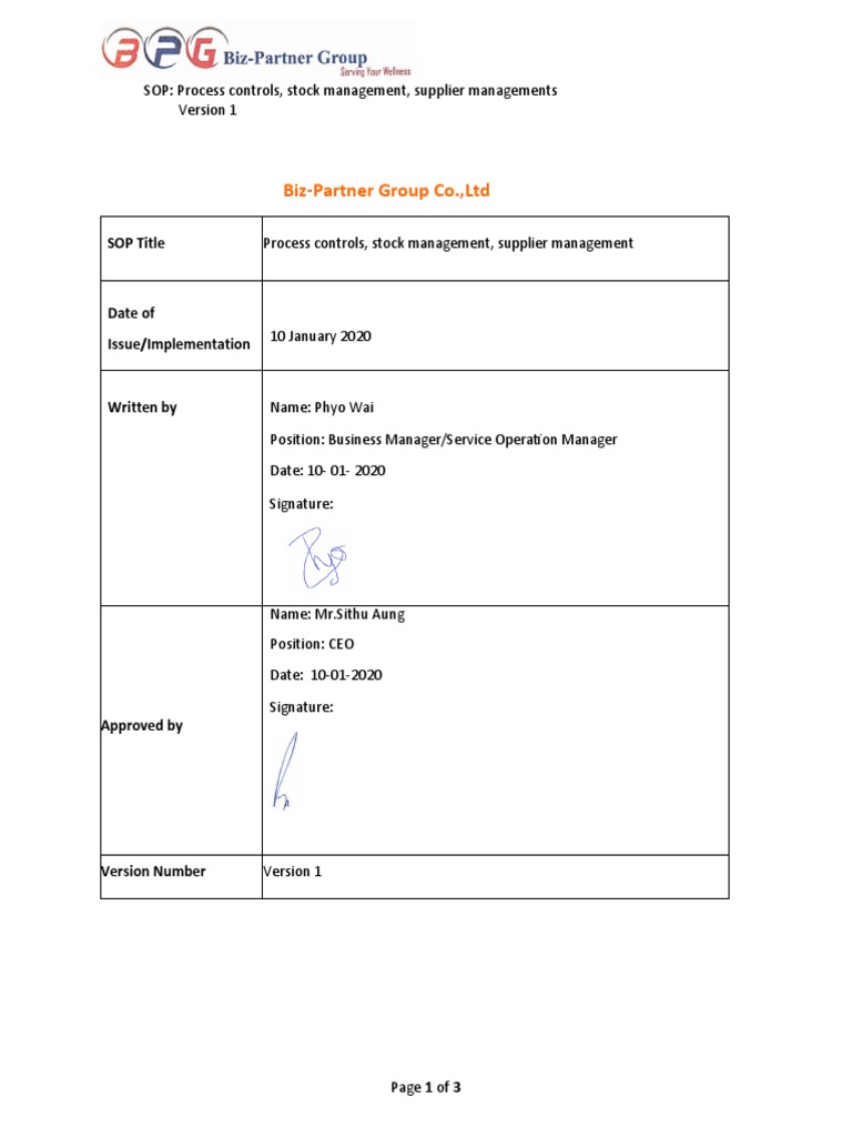 SOP for Stock and Supplier Management | PDF | Process Control | Inventory
