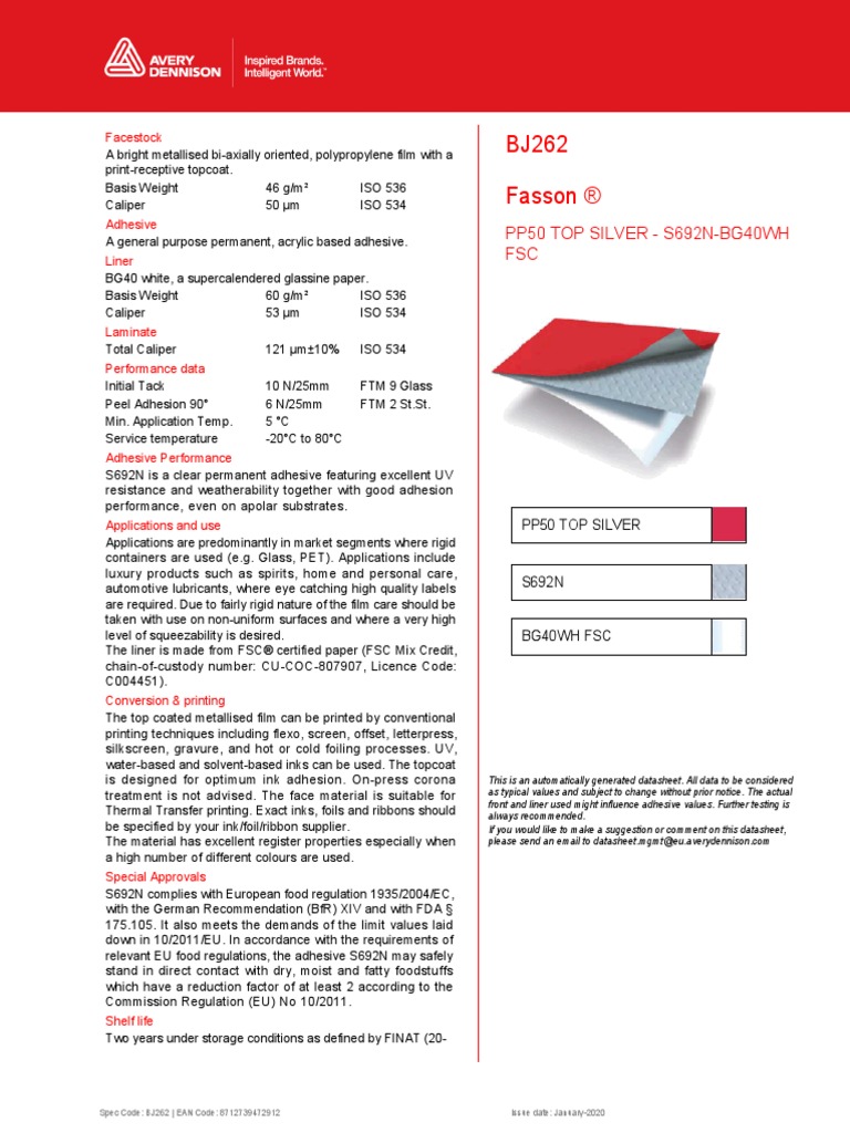 BJ262 Fasson ®: Pp50 Top Silver - S692N-Bg40Wh FSC | PDF | Adhesive ...