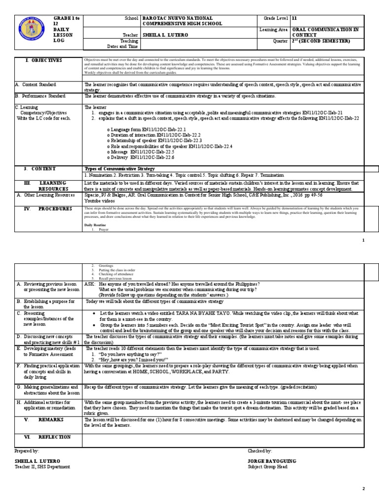 Grade 1 To 12 Daily Lesson LOG Comprehensive High School Context ...