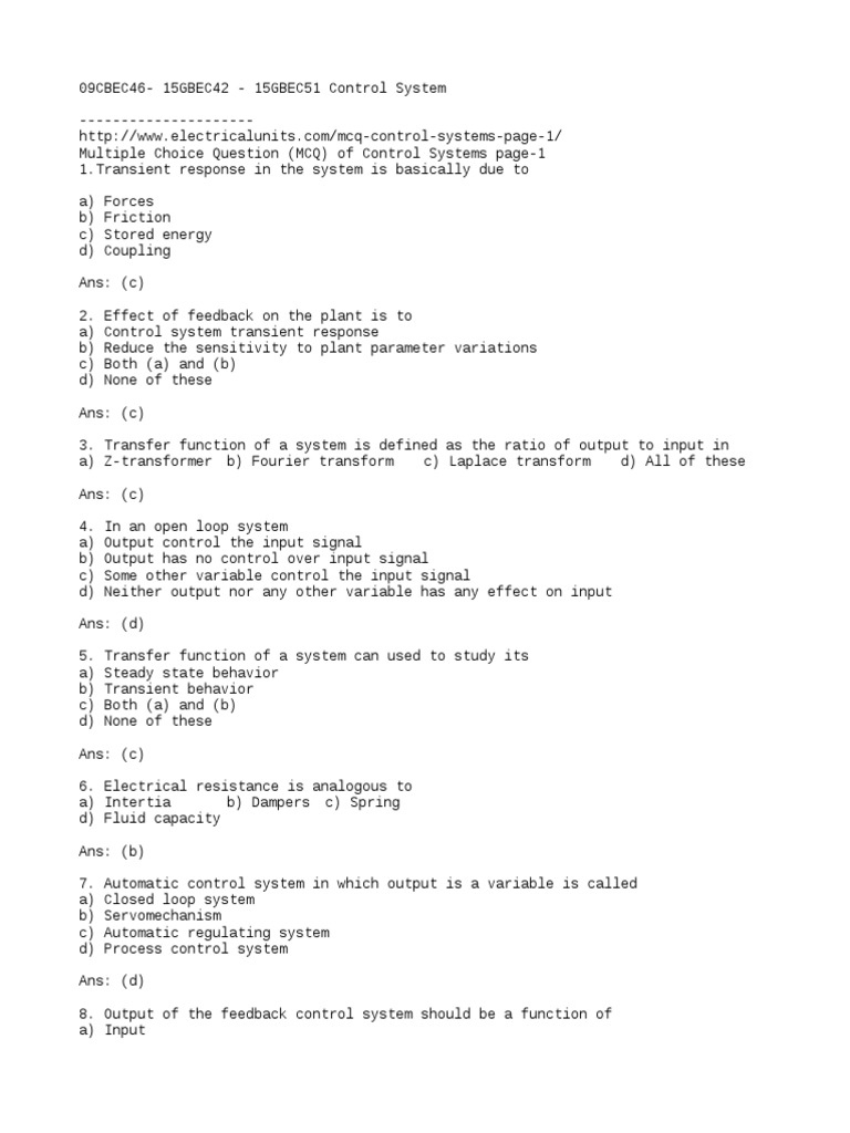MCQ - Control System-2020 | PDF | Systems Theory | Signal Processing