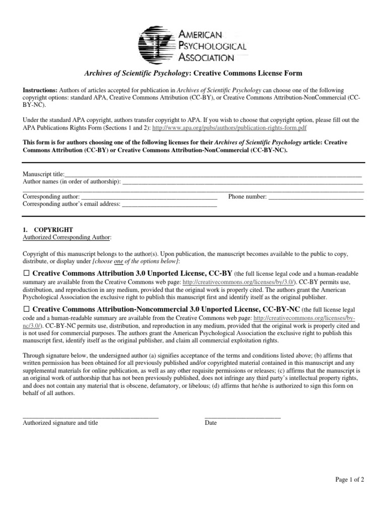 Archives of Scientific Psychology: Creative Commons License Form | PDF ...