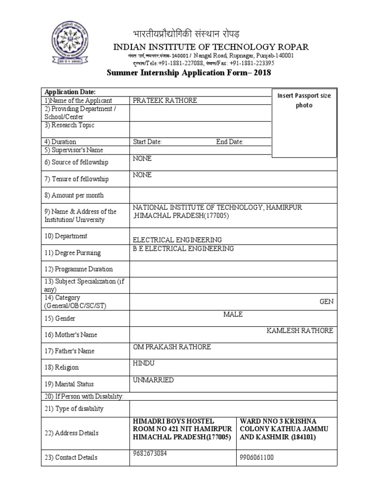 IIT Ropar Summer Internship Application | PDF | Medicine | Health Care