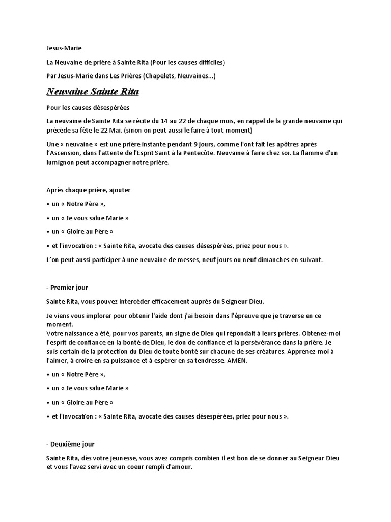 Neuvaine à Sainte Rita Pour Les Causes Désespérées Pdf Neuvaine Causes Difficiles | PDF | Notre Père | Prière