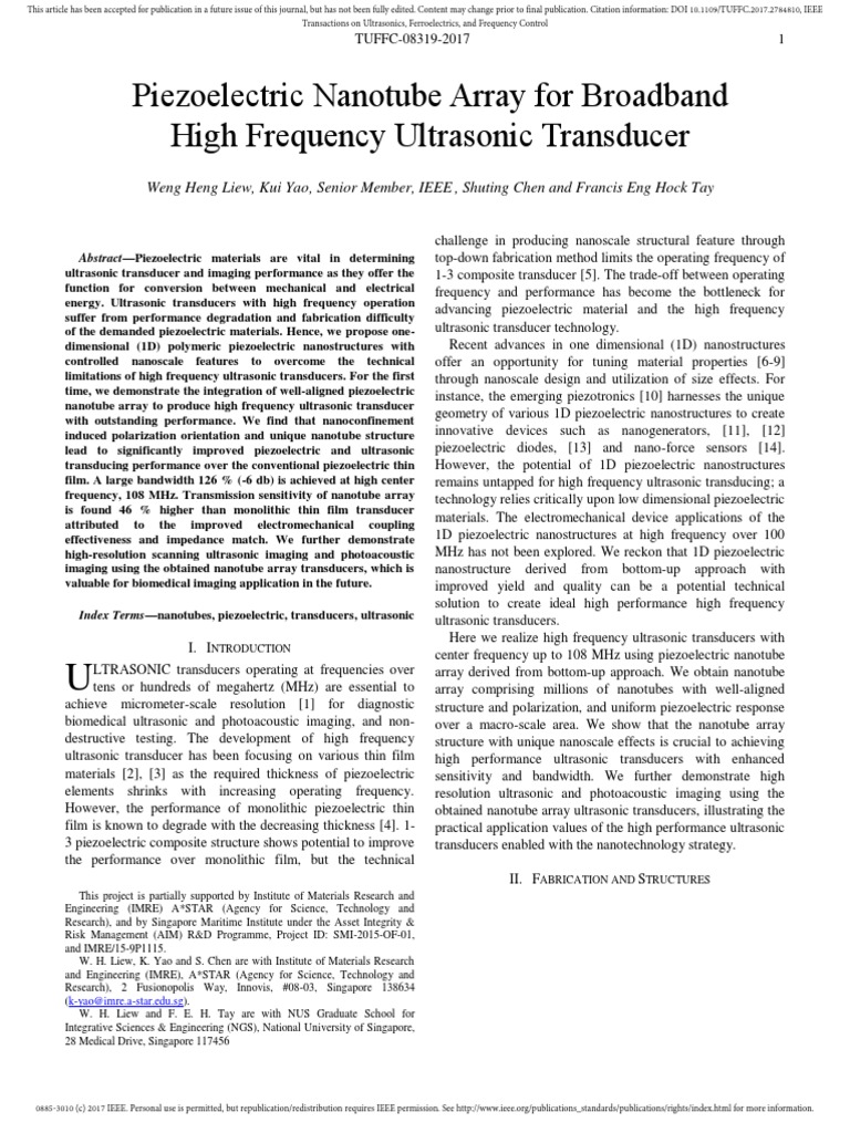 Piezoelectric Nanotube Array For Broadband High Frequency Ultrasonic