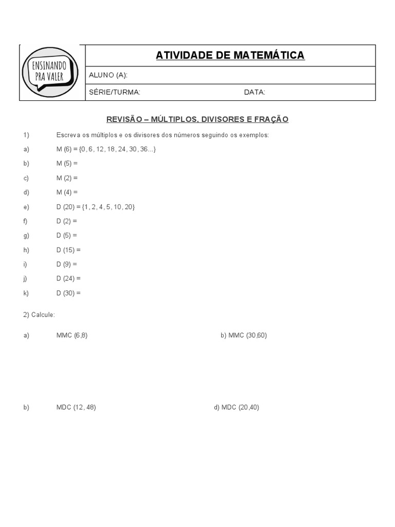 Atividades de Múltiplos e Divisores 7º Ano | PDF | Cometa