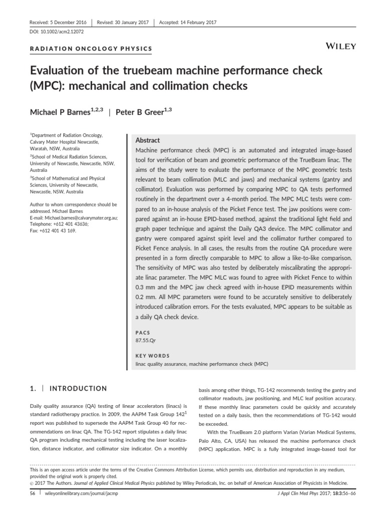 Evaluation of The Truebeam Machine Performance Check (MPC) Mechanical