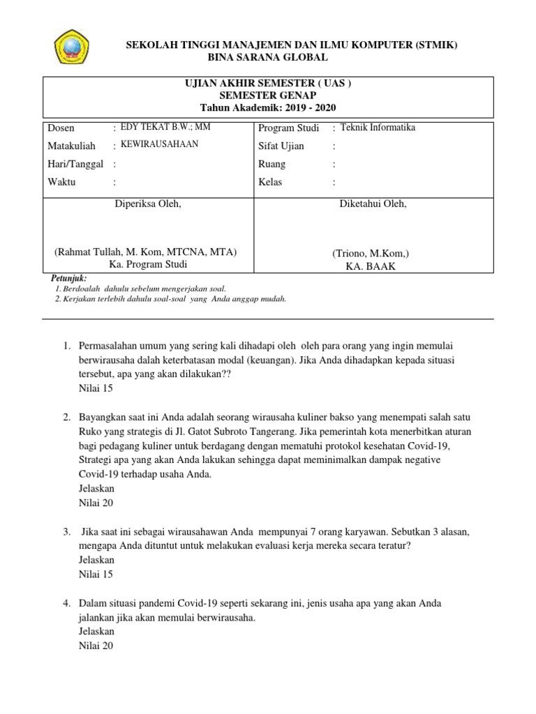 Soal Uas Kewirausahaan 2020 1