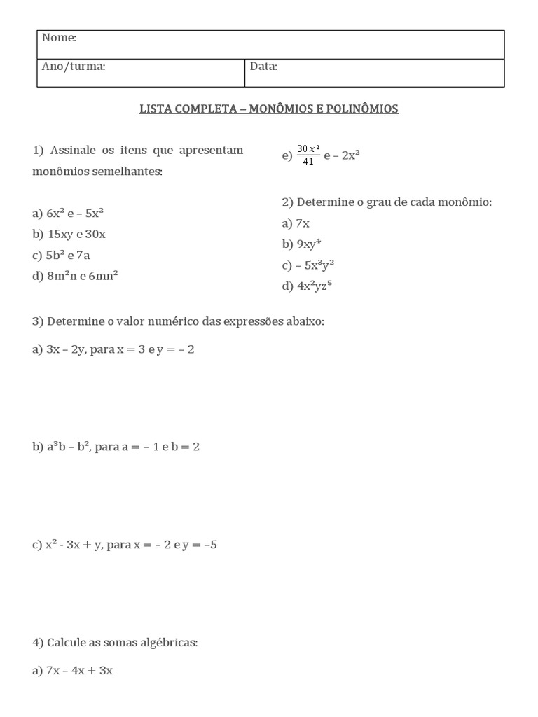 Exercícios de Monômios e Polinômios 8º Ano | PDF | Análise numérica ...