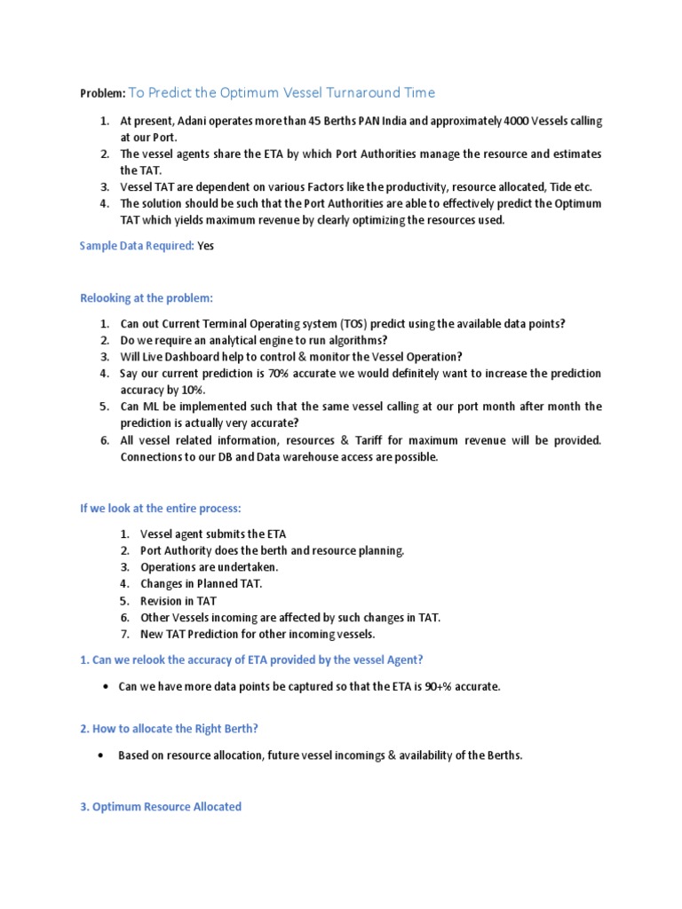 To Predict The Optimum Vessel Turnaround Time: Sample Data Required ...
