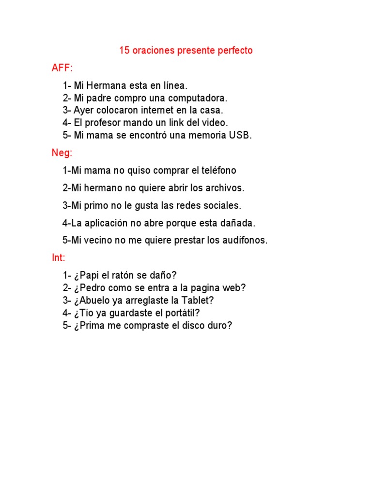 15 Oraciones en Presente Perfecto | PDF
