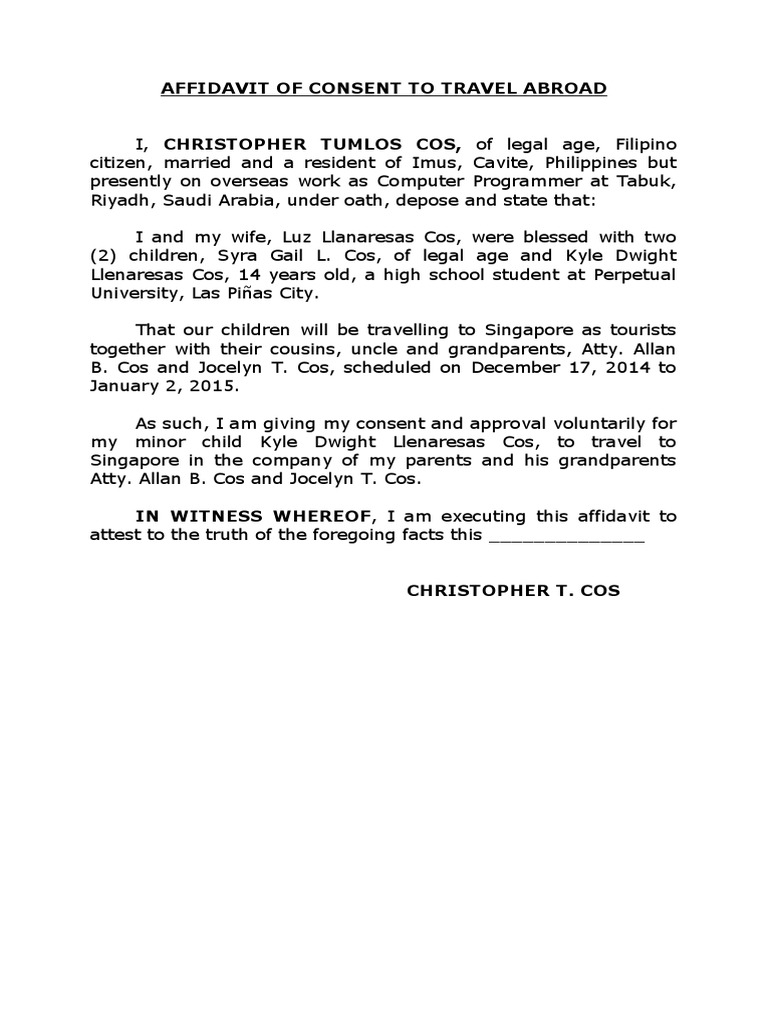 Affidavit of Consent To Travel Abroad (Christopher Cos) PDF