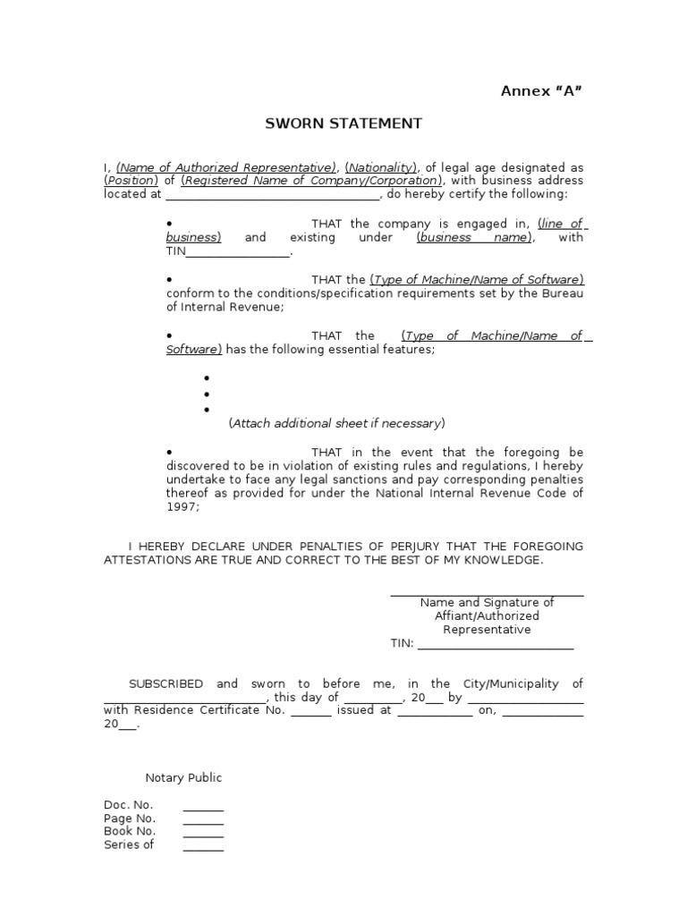 Annex “A” Sworn Statement business )