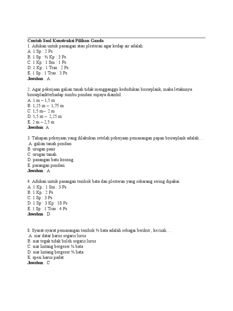 Soal Dan Jawaban Pilihan Ganda Konstruksi Bangunan Soal Ilmu