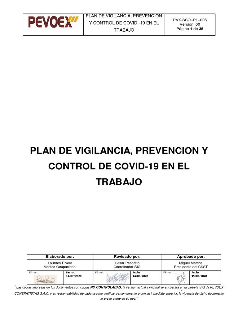 Pvx-Sso-Pl-003 Plan de Vigilancia, Prevencion y Control de Covid - 19 ...