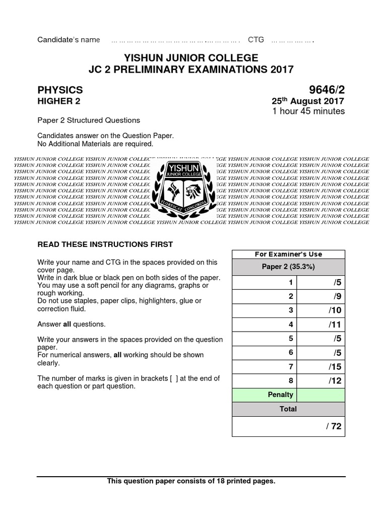 Yishun Junior College JC 2 Preliminary Examinations 2017 Physics | PDF ...