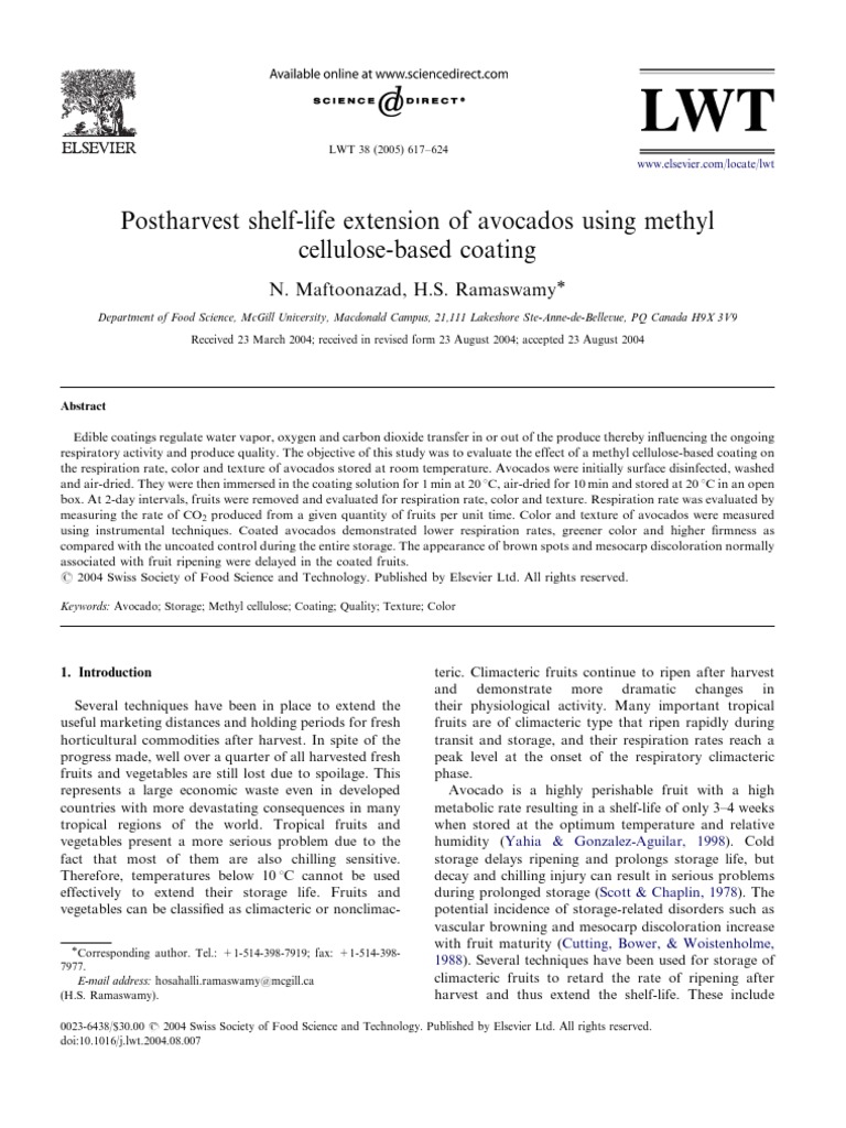 Postharvest ShelfLife Extension of Avocados Using Methyl Cellulose