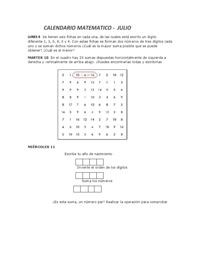 Calendario Matematico | PDF | Enseñanza de matemática
