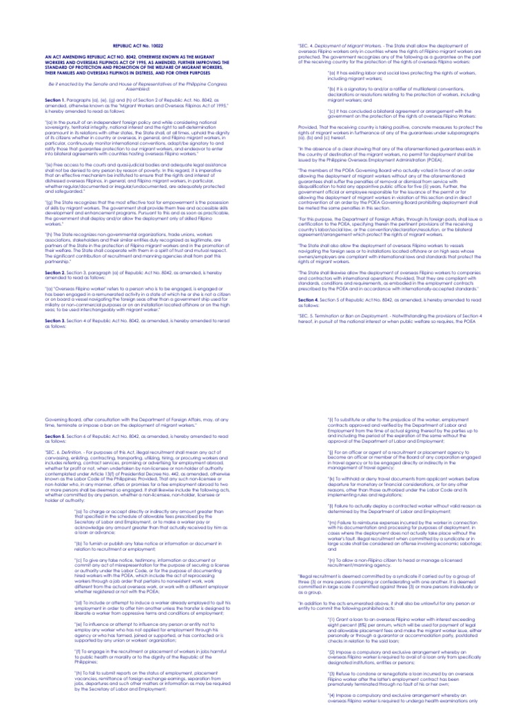 Ofw Law - Ra 10022 | PDF | Migrant Worker | Employment