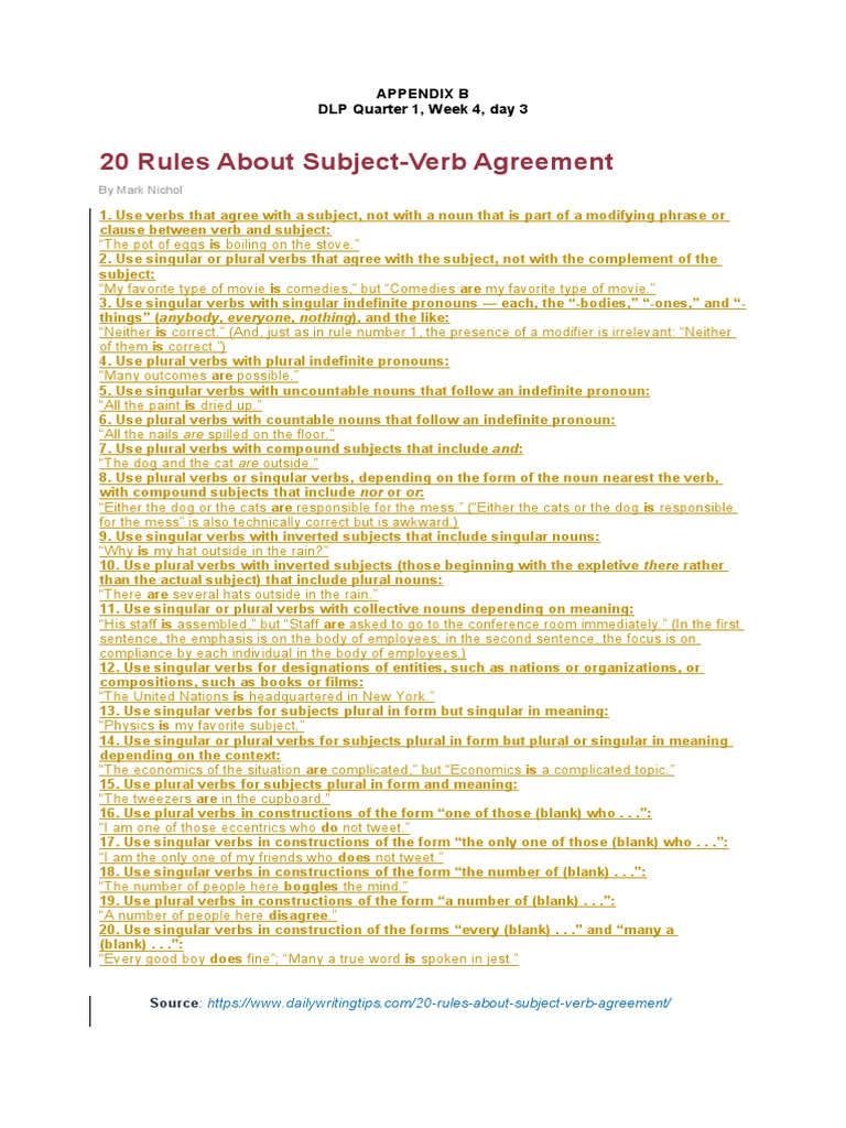 Quarter 1-Week 4 - Day 3-Appendix B | PDF | Grammatical Number | Plural