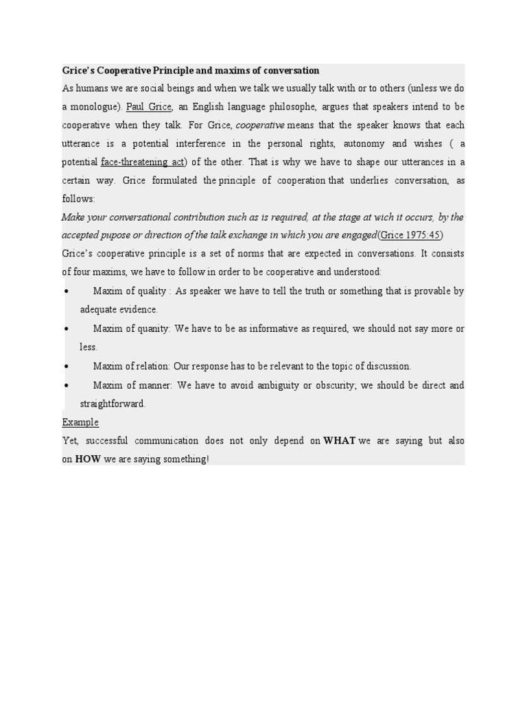 Grice's Cooperative Principle and Maxims of Conversation | PDF