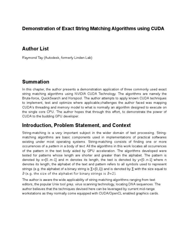 A Demonstration of Exact String Matching Algorithms With CUDA | PDF ...
