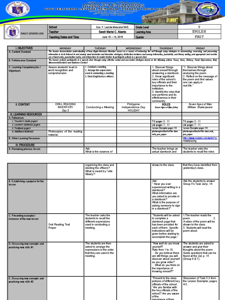 DLL English 9 June 10 - 14, 2019 | PDF | Reading Comprehension | Human ...