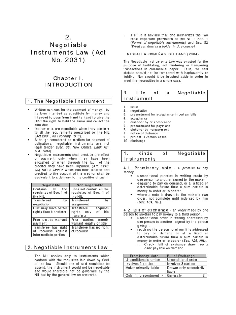 Negotiable Instruments Law Overview | PDF | Negotiable Instrument ...