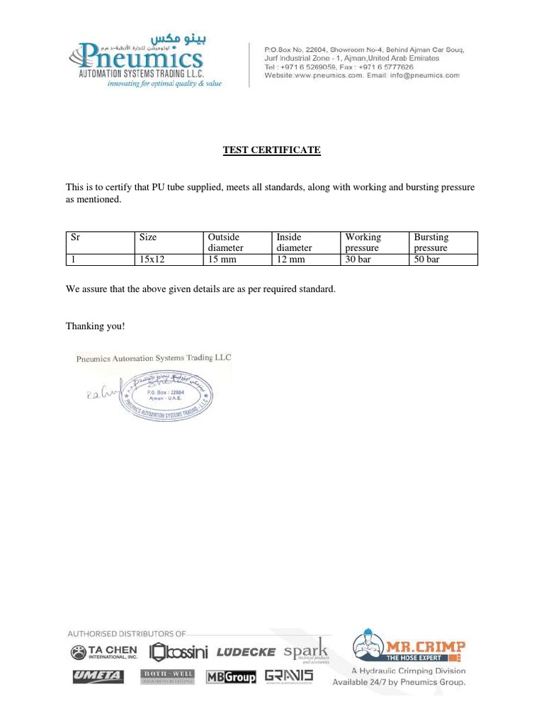 PU Tube Test Certificate Details | PDF