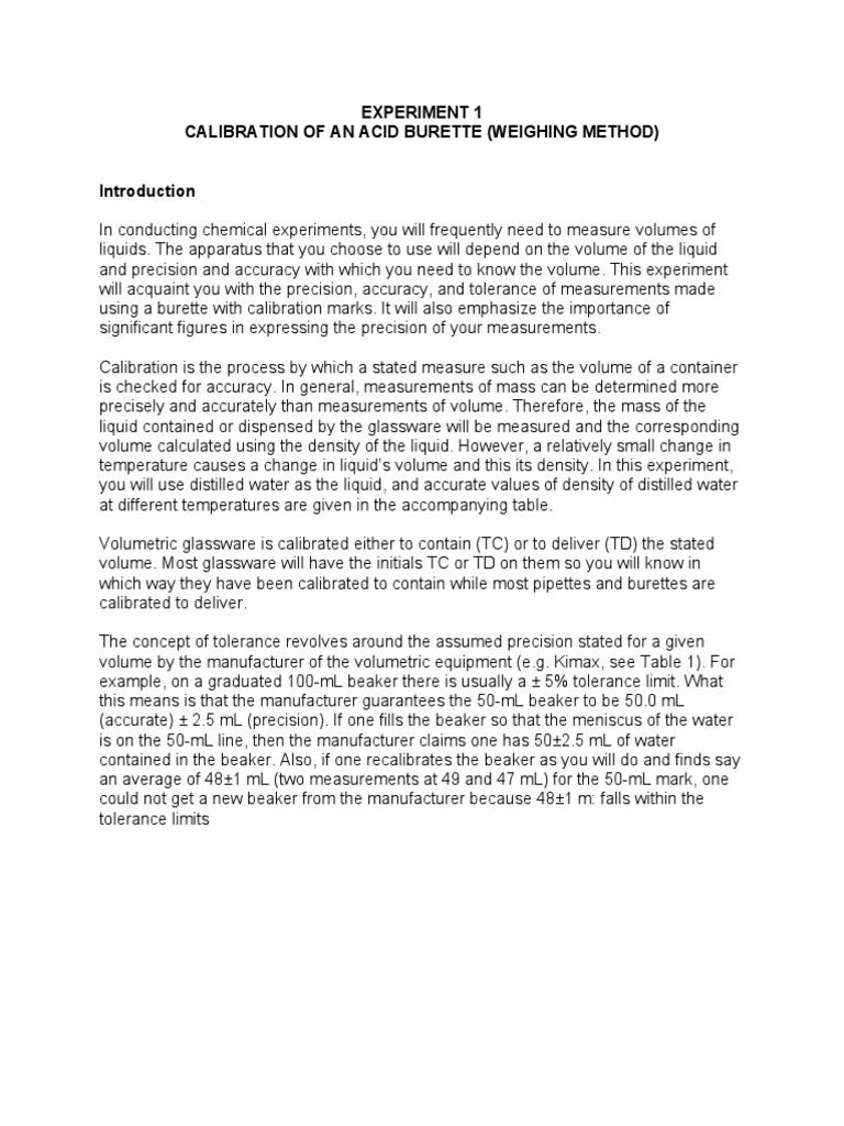 Calibration of Acid Burette PDF Density Weight
