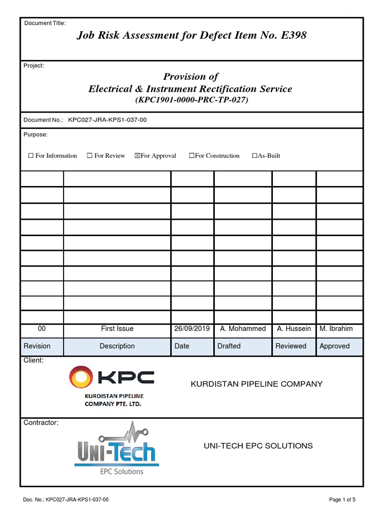 Job Risk Assessment For Defect Item No. E398: Provision of Electrical ...