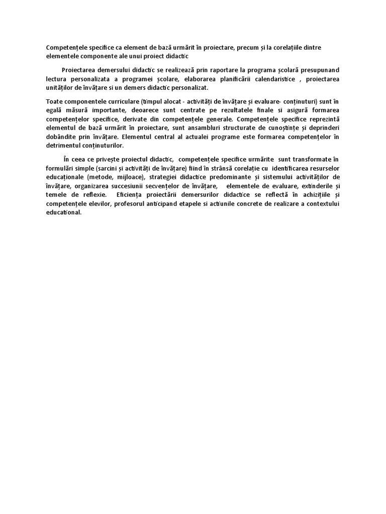 Competențele Specifice Ca Element de Bază Urmărit În Proiectare | PDF