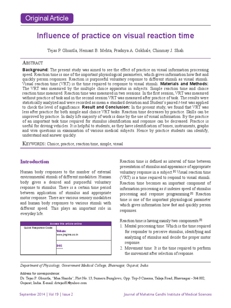 Influence of Practice On Visual Reaction Time: Original Article | PDF ...