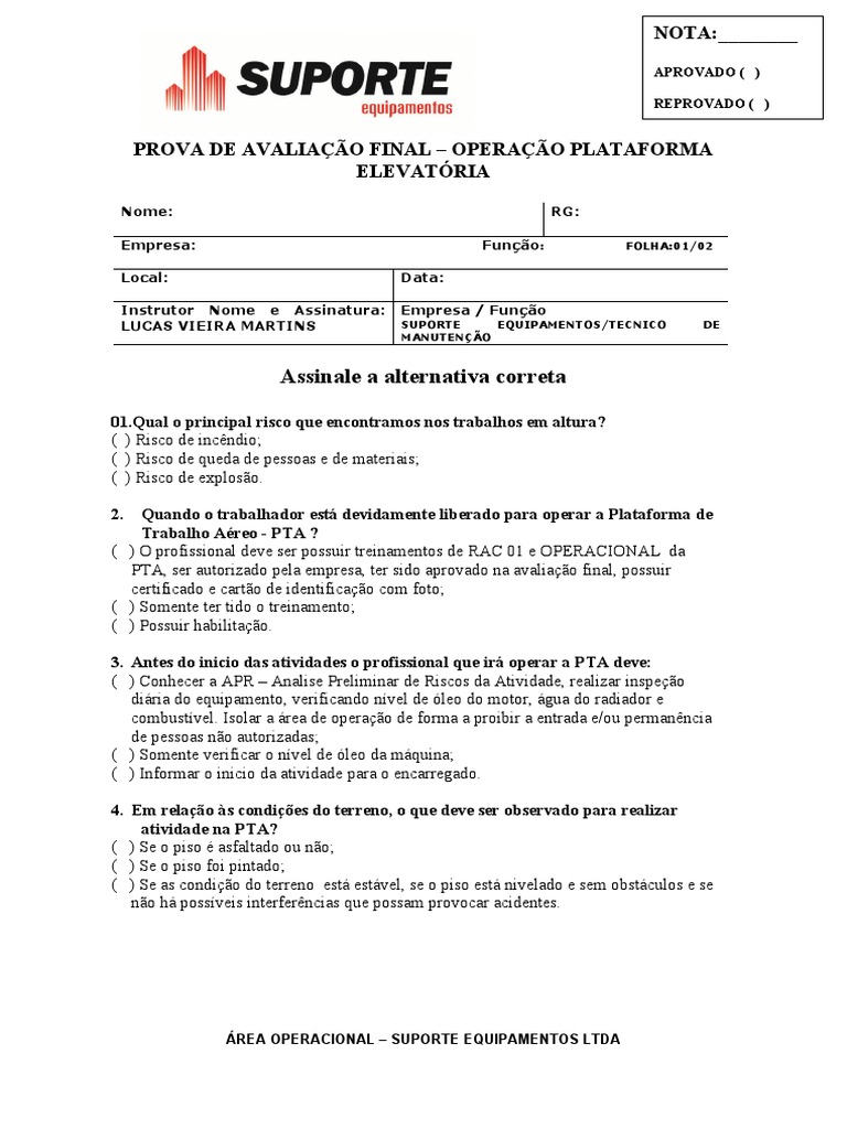 Avaliação Final: Operação de PTA | PDF
