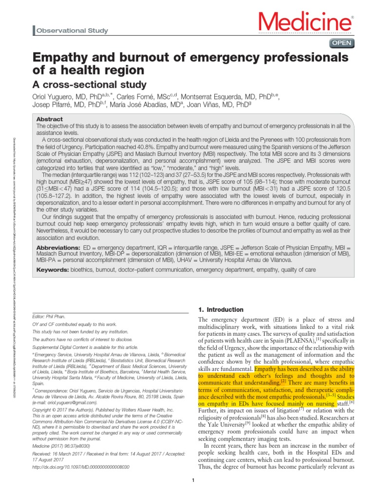 Medicine: Empathy and Burnout of Emergency Professionals of A Health ...