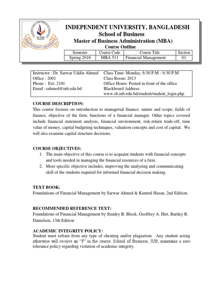 MBA 511 Financial Management Course Outline | PDF | Master Of Business ...