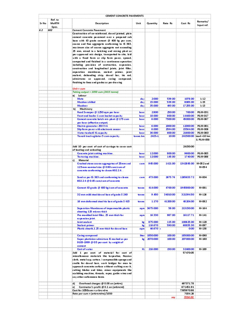 Concrete Pavement Cost Analysis | PDF | Road Surface | Construction ...