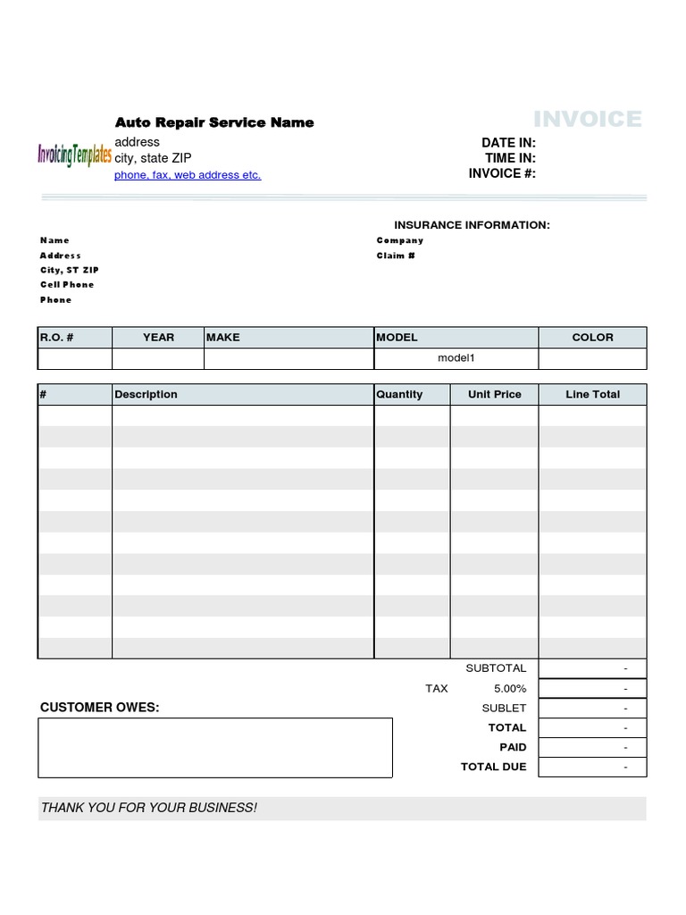 Auto Repair Invoice Template | PDF