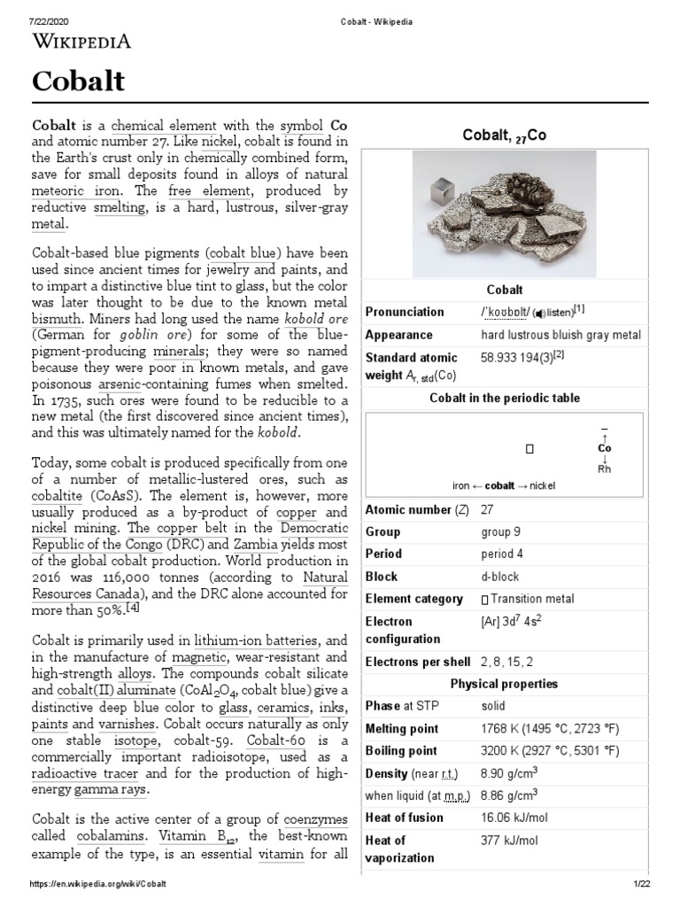 Cobalt: Cobalt Is A Chemical Element With The Symbol Co | PDF | Cobalt ...