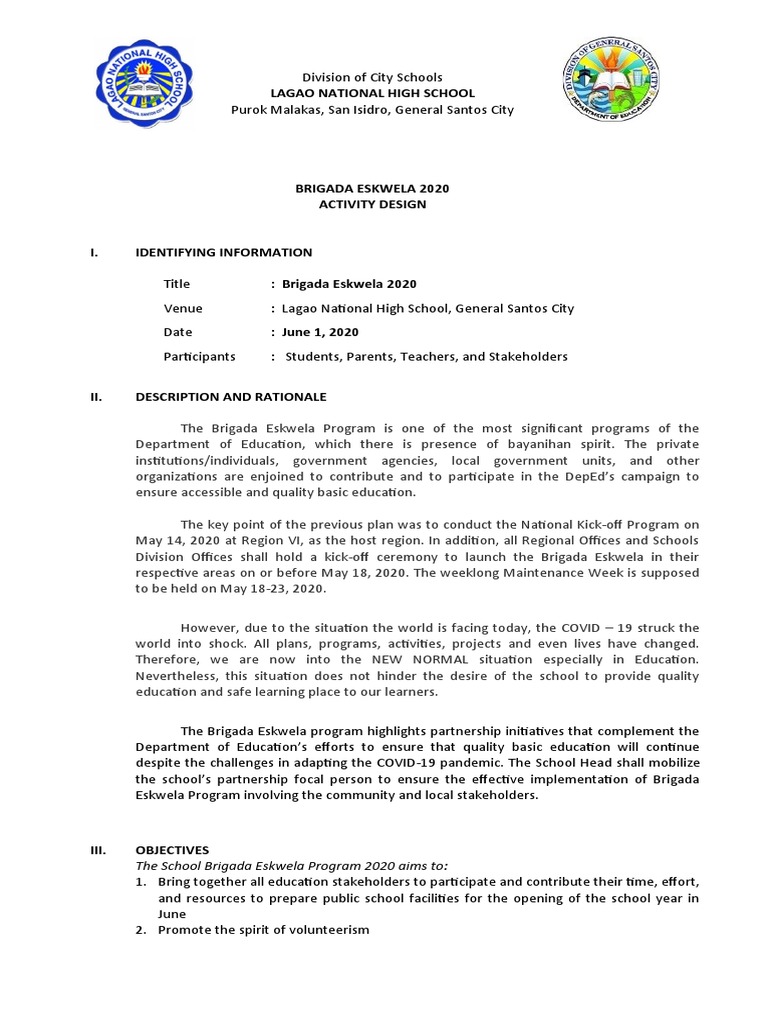 Brigada Eskwela 2020 Activity Design | PDF | Behavior Modification ...