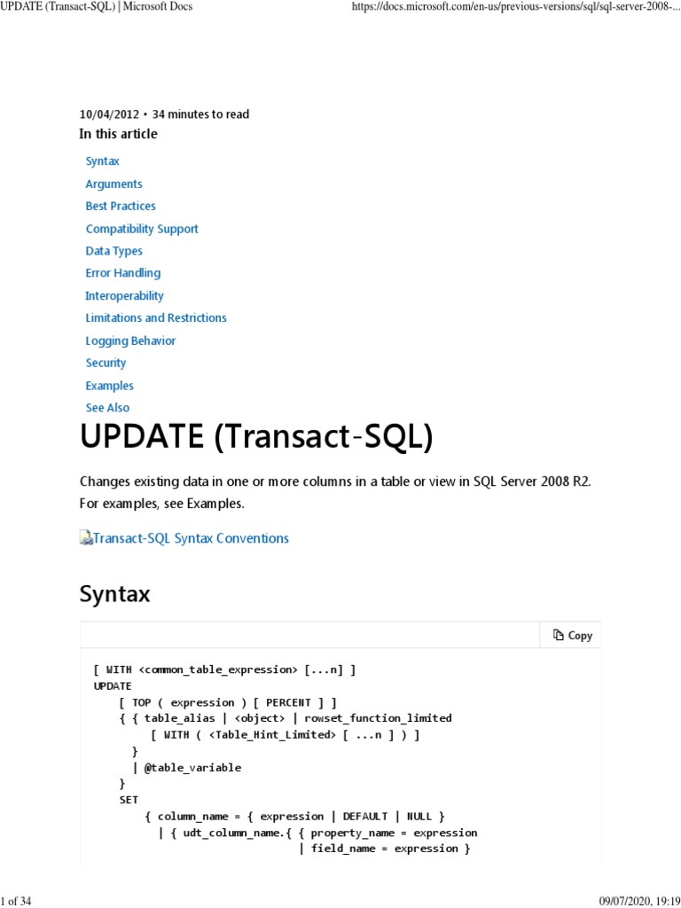 A Comprehensive Guide to the UPDATE Statement in Transact-SQL | PDF ...