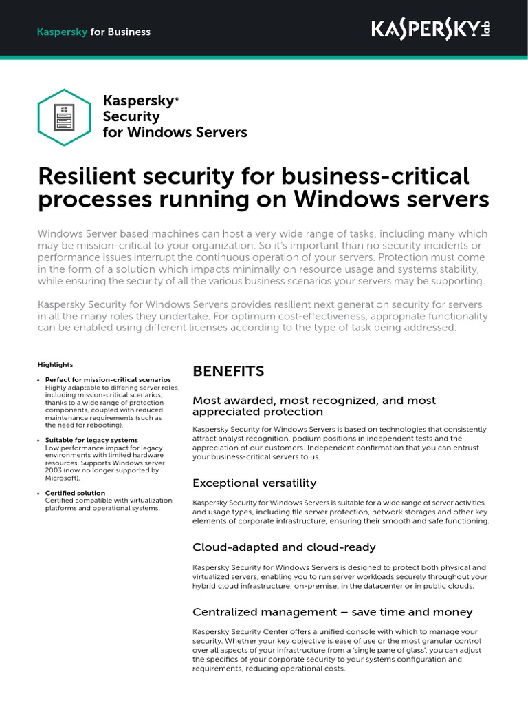 Kaspersky Security For Windows Server Datasheet PDF Microsoft Windows Server